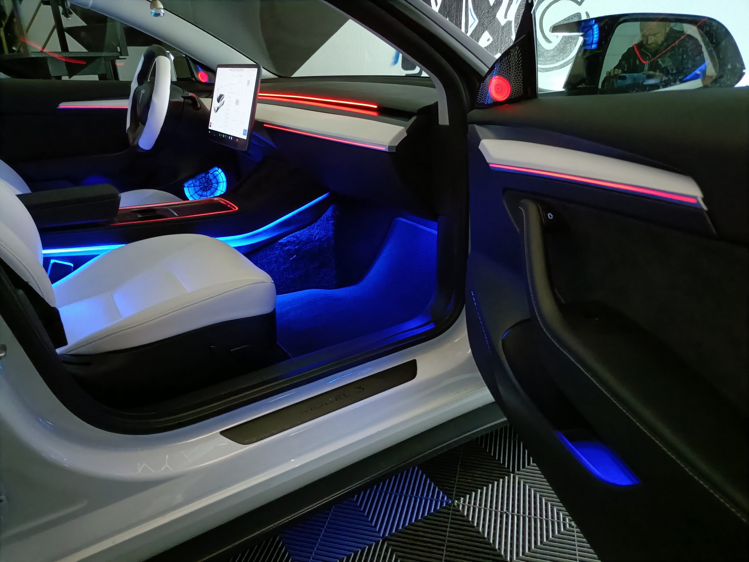 Iluminacion interior tesla vista desde la puerta del compañero.